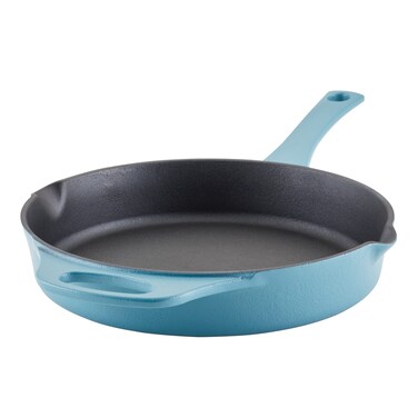 Rachael Ray NITRO Cast Iron Fryin Pan/Skillet with Helper Handle and Pour Spouts, 12 Inch - Agave Blue