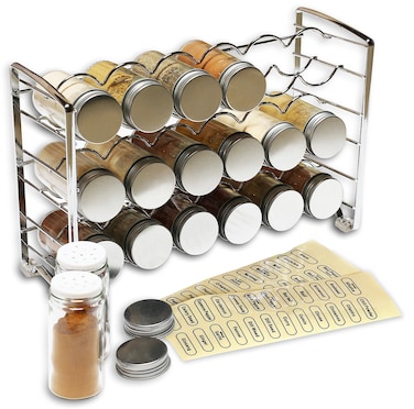 Deco Brothers Spice Rack Stand holder with 18 Bottles and 48 Labels, Chrome