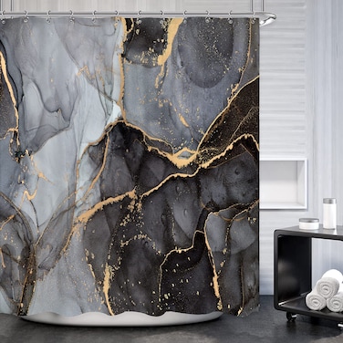 Famiffty Black Marble Shower Curtain Black and Gold Shower Curtain 72"x72" Gold Marble Shower Curtain Silver and Gold Luxury Abstract Modern No Glitter Standard Waterproof Polyester Fabric 12 Hooks