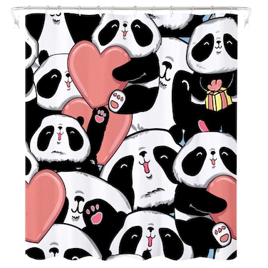 AO BLARE Panda Shower Curtain Cartoon Cute Panda Pink Love Heart Heart Shower Curtain Set with Hooks 72x72Inch
