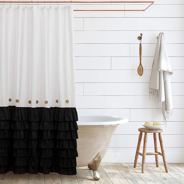 Shaina White and Black Farmhouse Shower Curtain 72 x 72 with Shabby Chic Ruffles and French Country Style Buttons - Modern Farmhouse Shower Curtain Fabric (Black)