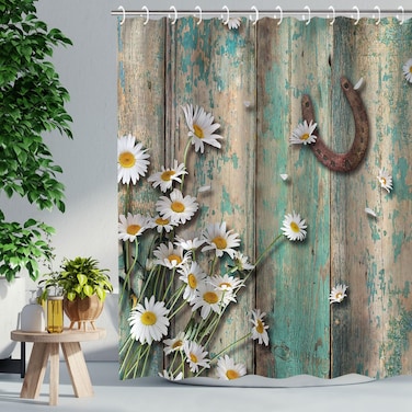RosieLily Rustic Shower Curtain, Farmhouse Shower Curtain, Country Shower Curtain, American Western Style Horse Daisy in Teal Brown Barnwood, 72Wx72H in Shower Curtain with 12 Hooks Retro Bath Decor