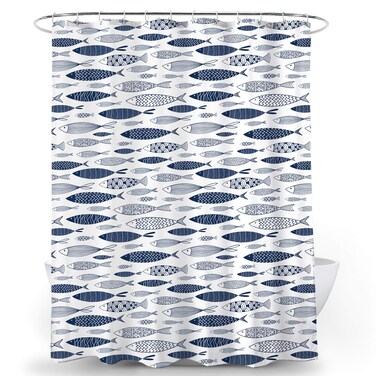 Blue Fish Shower Curtain Abstract Fish Oriental Artistic Print White Background Waterproof Fabric Bathroom Decor Bath Curtain with Hooks 72x72 inch