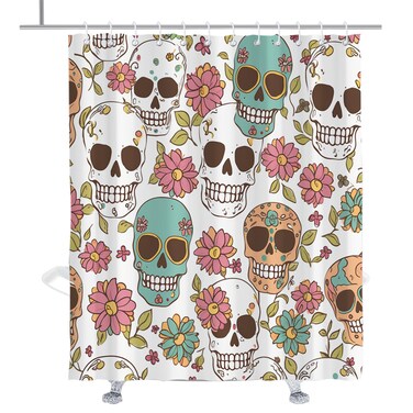 TheBlackSpot Floral Sugar Skull Shower Curtain Sets Halloween Bath Curtains Decor Sets Grommet with Hooks 72 x 72 inches