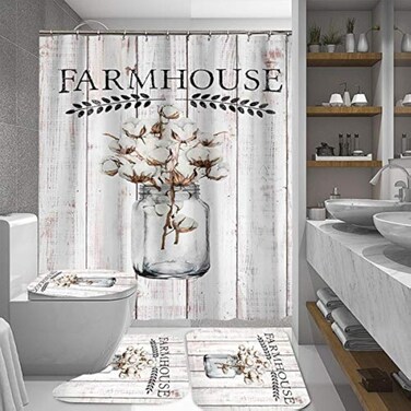 OLEBETY 4PCS/Set Rustic Flower Shower Curtain, Waterproof Fabric Bath Curtain, Farmhouse Floral on Rustic Panel Bathroom Decor, Non-Slip Bathroom Mat Bath Mat Toilet Rug, Cotton in Glass Bottle