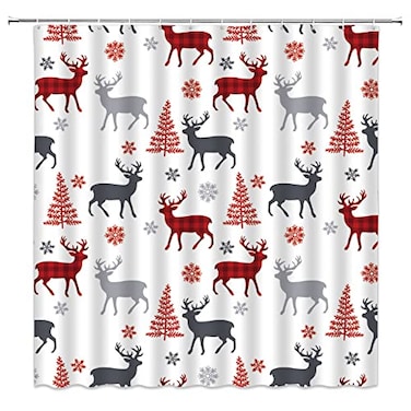 ZKJSMGS Christmas Deer Shower Curtain Red Plaid Deer Xmas Tree Reindeer Snow Snowflake Buffalo Check Winter Holiday Farmhouse Cabin Bathroom Home Curtain Decor with Hooks,70" Wx70 H
