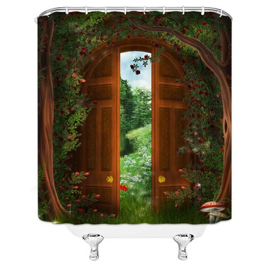 jingjiji Green Forest Fantasy Shower Curtain Garden Wooden Door Garden Tree House Fairy Tale World Natural Scenery Bathroom Polyester Fabric Hooks 70 X 70 Inch