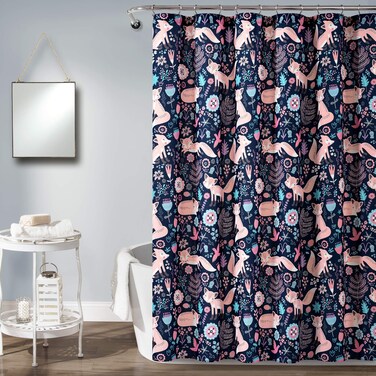 Lush Decor Pixie Fox Shower Curtain, 72" W x 72" L, Navy &amp; Pink - Whimsical Floral &amp; Fox Pattern - Fun Kids Shower Curtain - Woodland Kids Bathroom Decor