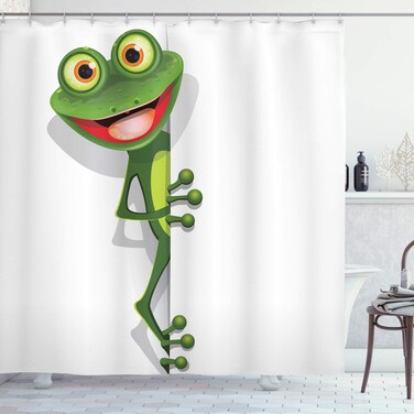Lunarable Cartoon Shower Curtain, Jolly Frog Greater Eye Lizard Gecko Smily Funny Art, Cloth Fabric Bathroom Decor Set with Hooks, 69" W x 84" L, Fern Green White