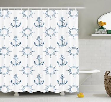 Ambesonne Ships Wheel Shower Curtain, Anchors and Steering Wheels Pattern Pirates Sailors Marine Themed Print, Cloth Fabric Bathroom Decor Set with Hooks, 69" W x 70" L, Night Blue