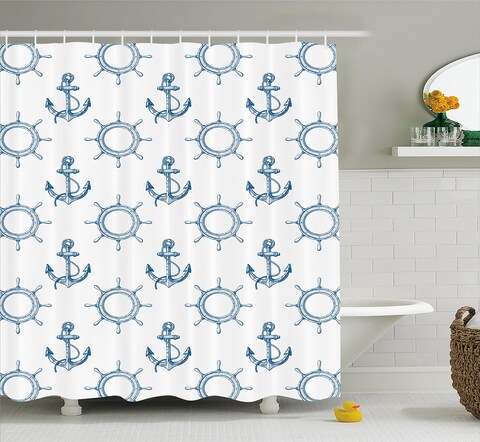 Ambesonne Ships Wheel Shower Curtain, Anchors and Steering Wheels Pattern Pirates Sailors Marine Themed Print, Cloth Fabric Bathroom Decor Set with Hooks, 69&quot; W x 70&quot; L, Night Blue
