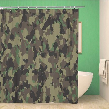 rouihot Bathroom Shower Curtain Green Camouflage Woodland Camo Brown Pattern Army Camoflage Hunting Polyester Fabric 60x72 inches Waterproof Bath Curtain Set with Hooks