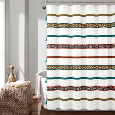 Lush Decor Ava Boho Stripe Tassel Eco-Friendly Cotton Blend Shower Curtain, 72" X 72", Turquoise &amp; Oragne