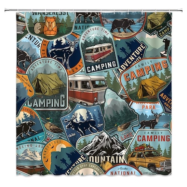 Camping Shower Curtain Bear Deer Pine Tree Forest Mountain Duck Moose Cabin Wildlife Retro Adventure Animal Hunting Outdoor Nature Scenic Polyester Home Bathroom Decor with Hook,Blue Brown Black