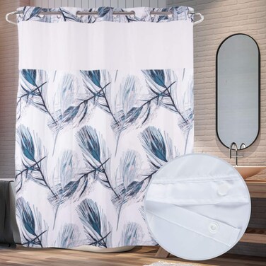 Ecoehoe Long 71x79 Fabric No Hooks Shower Curtain with Polyester Snap-in Liner &acirc;&euro;&ldquo;100% Waterproof Machine Washable Top See Through Mesh Window Blue