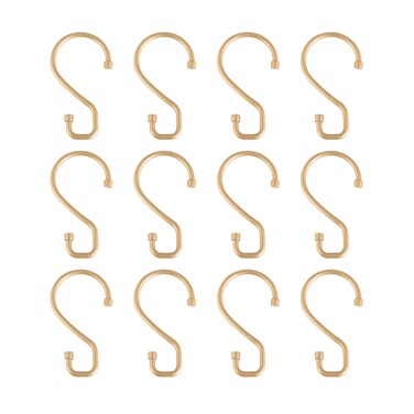 Bath Bliss 12 Pack S-Hook Shower Curtain Rings   Bathroom   Metal S Shaped Hooks   Easy Glide   Easy to Install   Hang Mugs, Pans, Towels   Satin Gold
