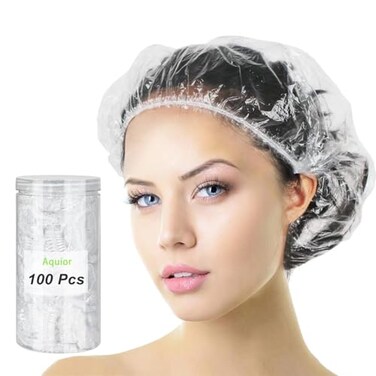 Aquior Shower Cap Disposable, 100 PCS Shower caps Large&amp;Thick Waterproof Clear Plastic Elastic Hair Bath Caps For Women Kids Girls, Hotel and Hair Solon, Travel Spa, Home Use&acirc;&euro;&brvbar;