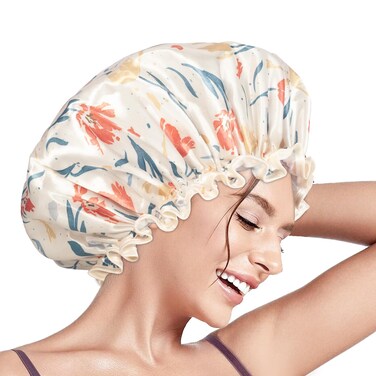 Aquior Shower Cap for Women, Reusable Shower Caps Double Layer Waterproof Womens Girls Adult Hair Cap for all Hair Lengths with EVA Lining, Soft Shower Caps for Long Thick Hair