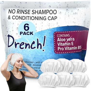Drench No Water Rinse Free Shampoo Caps 6 packs - Waterless Shampoo and Conditioner - Dry Hair Wash Caps for Bedridden - Contains Aloe Vera, Vitamin E and Provitamin B5 - Dementia products for elderly