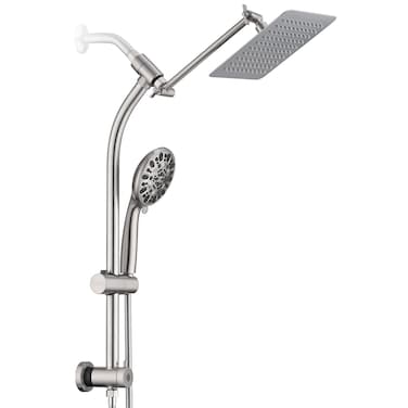 UCLIMAA Rainfall 8 Inch Shower Head with High Pressure Handheld Spray Combo, Drill-Free Slide Bar with Adjustable Shower Extension Arm, 3-Way Low Diverter for Easy Reach, 5Ft Hose- Brushed Nickel