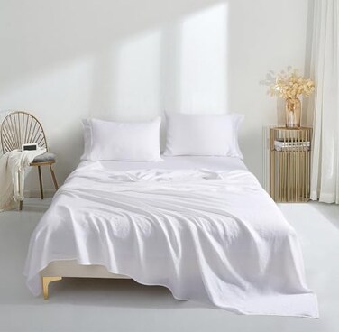 New Season Linen Sheets Set - 100% European Flax Linen Sheets King, Soft, Breathable &amp; Durable Luxury 4 Pcs Set (1 Flat Sheet, 1 Fitted Sheet, 2 Pillowcases) (King, White)
