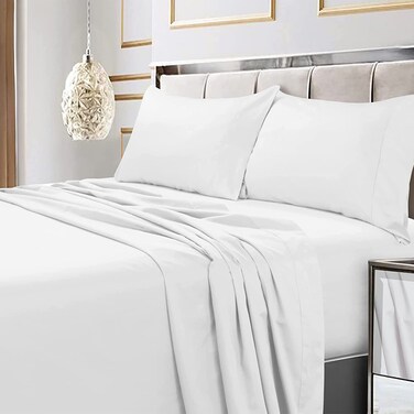 Tribeca Living Bed Soft Egyptian Cotton Sateen Solid Sheets and Pillowcase Set, Deep Pocket, 600 Thread Count, Queen, White