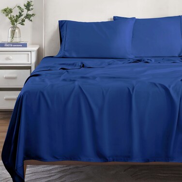 Superior Modal from Beechwood 300 Thread Bed Sheet Set, 1 Elastic Deep Pocket Fitted Sheet, 1 Flat Sheet, 2 Pillowcases, Soft Cool Sheets, Sateen Weave, Bedding Essentials, Full, Navy Blue