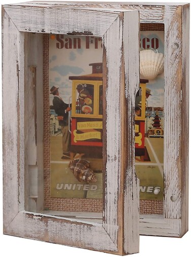 BECTSBEFF 5x7 Shadow Box Frame, 4x6 Shadow Box Display Case with Glass, Little Picture Frame Shadow Box with Hinge, Rustic Wood Mini Memory Box for Memorabilia Photos Tickets Conch- Rustic White