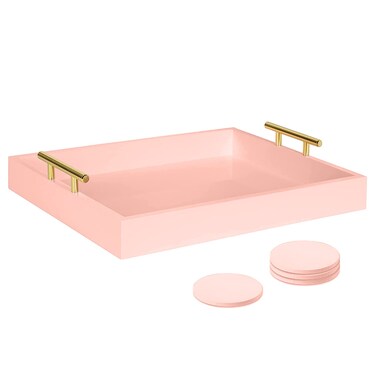Juleduo Serving Tray 16.5&acirc;&euro;&oelig;X 13&acirc;&euro;&oelig;Deluxe Wooden Ottoman Tray for Coffee Table with Polished Gold Metal Handles and 4 Coasters, Living Room Bathroom Coffee Bar Organizer Modern Decorative Pink Tray