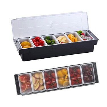 Bar Top Food Condiment Dispenser Container with Lid, Plastic Garnish Tray Station for Fruit, Veggie, Salad - Ice Cooled Topping Kitchen Organizer for Bar Home Restaurant Supplies &amp; Serving (6 Tray)