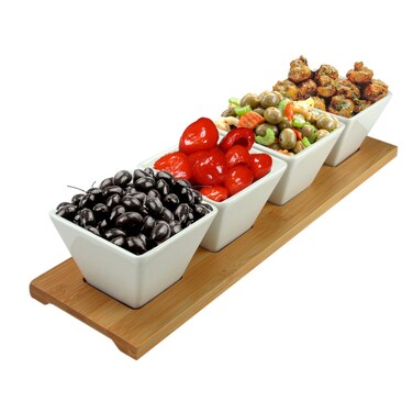 Elama Ceramic Stoneware Condiment Appetizer Set, 5 Piece, Long Rectangle in White and Natural Bamboo