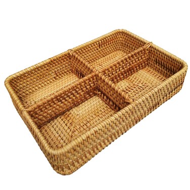 i-lan 4 Compartments Rectangular Rattan Basket, 12 Inch Divided Basket Tray with 3&acirc;&euro; Deep Wall, Decorative Flat Wicker Serving Basket for Fruit, Snacks, Catch All Dish, Brown