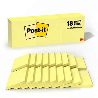 Post-it Notes, 3x3 in, 18 Pads, Canary Yellow, Clean Removal, Recyclable