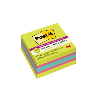 Post-it Super Sticky Notes Cube 3 in. x 3 in. Bright Colors 1 Cube/Pack 360 Sheets/Cube