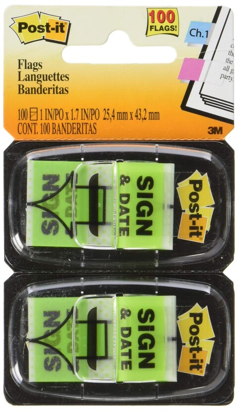 Post-it 680SD2 Sign and Date Message Flag, 1&quot; x1-3/4, 100/PK, Green