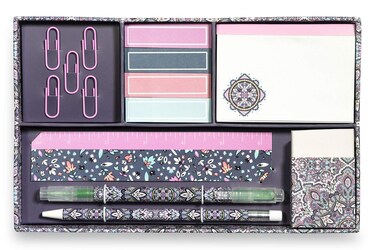 Vera Bradley Office/School Desk Supplies Set with Storage Box, Organizer Includes Paper Clips, Sticky Notes, Highlighter, Ruler, Pencil, Eraser, and Notepad (Bonbon Medallion)