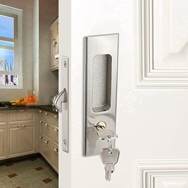 CCJH Sliding Door Lock Invisible Recessed Handle Latch with Keys for Pocket Door Barn Wood Door Interior Privacy Furniture Hardware Silver