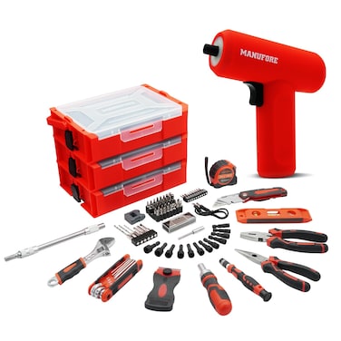 MANUFORE 81pcs 3-layer Household Tool Set with 3.7V Cordless Screwdriver with Bits and Basic Home Hand Tools for Garden Office House Repair