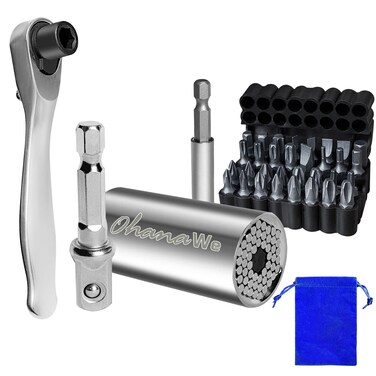 OhanaWe 36 in 1 Pocket Tools Set: 1/4" Low Profile 72 Tooth-Gear Mini Ratchet Wrench Screwdriver Set with High Torque + 33 Pcs Six Types of Bits + 1 Set Universal Socket