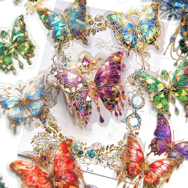 Aromoty Butterfly Stickers Set (120 Pieces with 6 Themes)-Gorgeous Crystals Holographic Transparent Resin Waterproof Sticker Decals for Scrapbook Supplies Junk Bullet Journals Laptop Crafts Decor