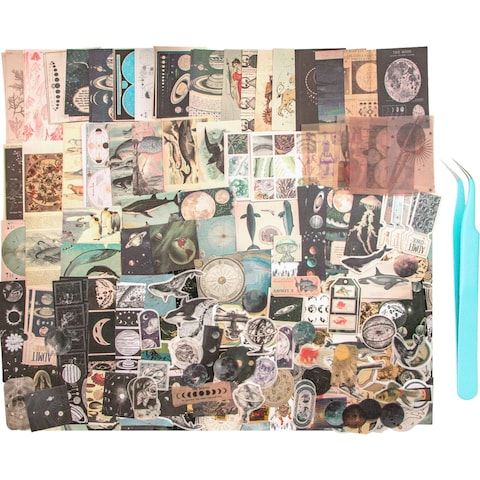 Aromoty 260 Pieces Vintage Art Scrapbooking Supplies Stickers,Aesthetic Washi Stickers Paper Kit Stationary Junk Bullet Journals,Daily Planner,DIY Craft Tweezers Cottagecore Decor Gifts