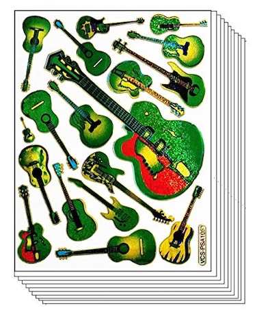 Stickers Glitter Pack 10 Sheets Green Guitar Acoustic Flamenco Musical Instrument Cartoon Paper Sticker for Children Kids Stickers Supplies School Scrapbooking Diary Card Birthday (06)