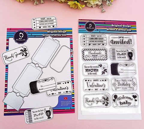 Alinacutle Stripe Lottery Ticket Stamps with Metal Dies, Sentiments Stamps Tag,Paper Craft Metal Die-Cuts,Scrapbooking Cutting, 1pc Stamps + 2pc Die Cuts