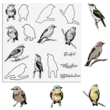 Birds Cutting Dies and Clear Stamps Animals Clear Stamps with Die Cuts for Card Making, Thankful Words Animal Embossing Stencil Template Tool for DIY Scrapbooking Photo Album Card Craft Decoration