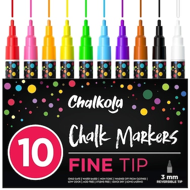 Chalkola 10 Fine Tip Liquid Chalk Markers for Chalkboard Signs, Blackboard, Window, Labels, Bistro, Glass, Car (10 Pack 3mm) - Wet Wipe Erasable Ink Chalk Board Markers, 3mm Reversible Tip Chalk Pens