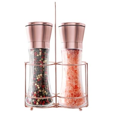 bonris Copper Stainless Steel Salt and Pepper Grinder Set Manual Himalayan Pink Salt Mill Salt and Pepper Shakers with Adjustable Coarseness and Clear Glass Body (Pack of 2)