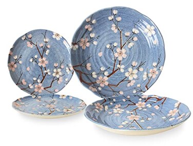 Mino Ware Japanese Ceramics 2 Pasta Plate &amp; 2 Salad/Appetizer Plate Made in Japan (Japan Import) TNG001 (Sakura Blue)