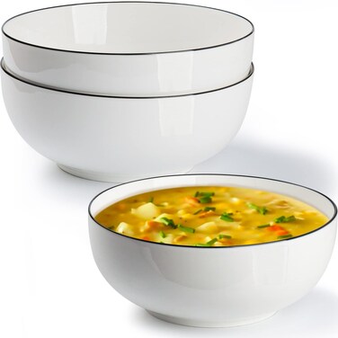 Houlu 60 oz Large Soup Bowl, Pho Bowl, Ramen Bowl, Salad Bowl, Serving Bowl, Off White Porcelain Bowl Set of 3, 8 inch