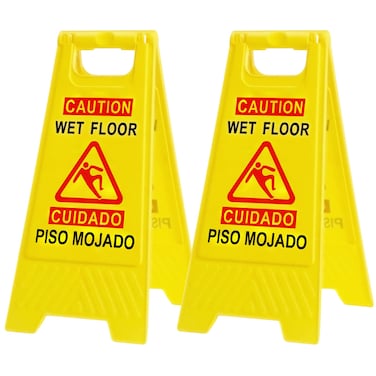 StrLon Caution Wet Floor Sign Bilingual Foldable Sturdy Warning Signs Double-Sided Safety Warning Signs (2-Pack Yellow)