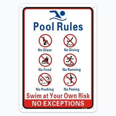 Pool Rules Signs No Diving No Glass Sign, No Food No Pushing No Running No Peeing in Pool Swim at Your Own Risk Signs, 14 x 10 Inches Rust Free Rust Free Aluminum, Easy Mounting (1 Pack)
